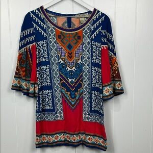 Flying Tomato Womens Tunic L Orange Blue Geometric Print Back Zip Bell Sleeves
